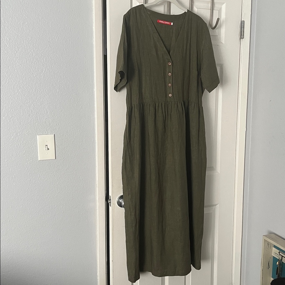 British racing green linen , No. 31 Button-Down front  Maxi Dress